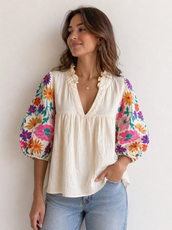 THML Tops - Embroidered Puff-Sleeve Peasant Top - Cream with Multicolor Floral Sleeves